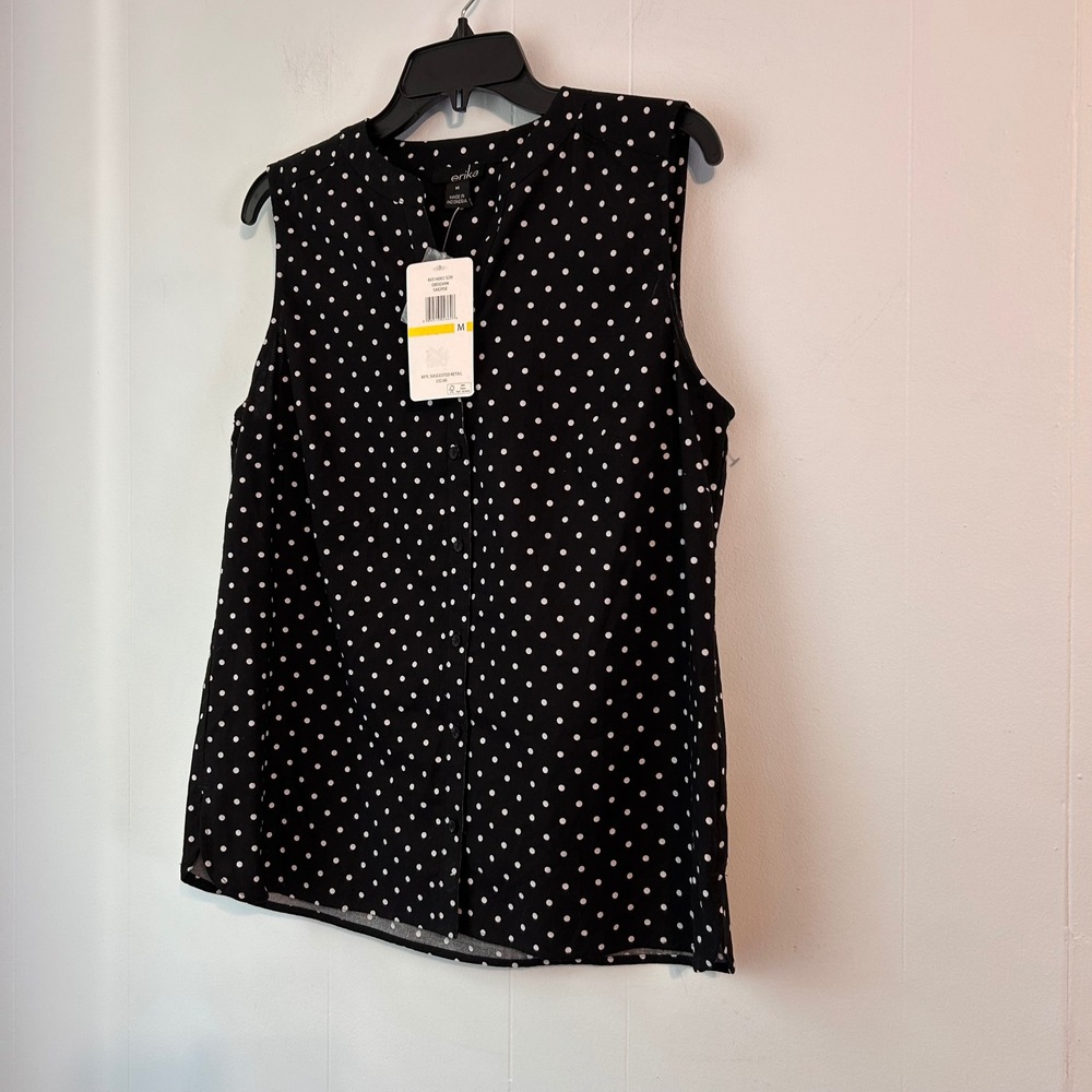 Erika Womens Polka Dot Sleeveless Button Down Blouse Black White Size M NWT